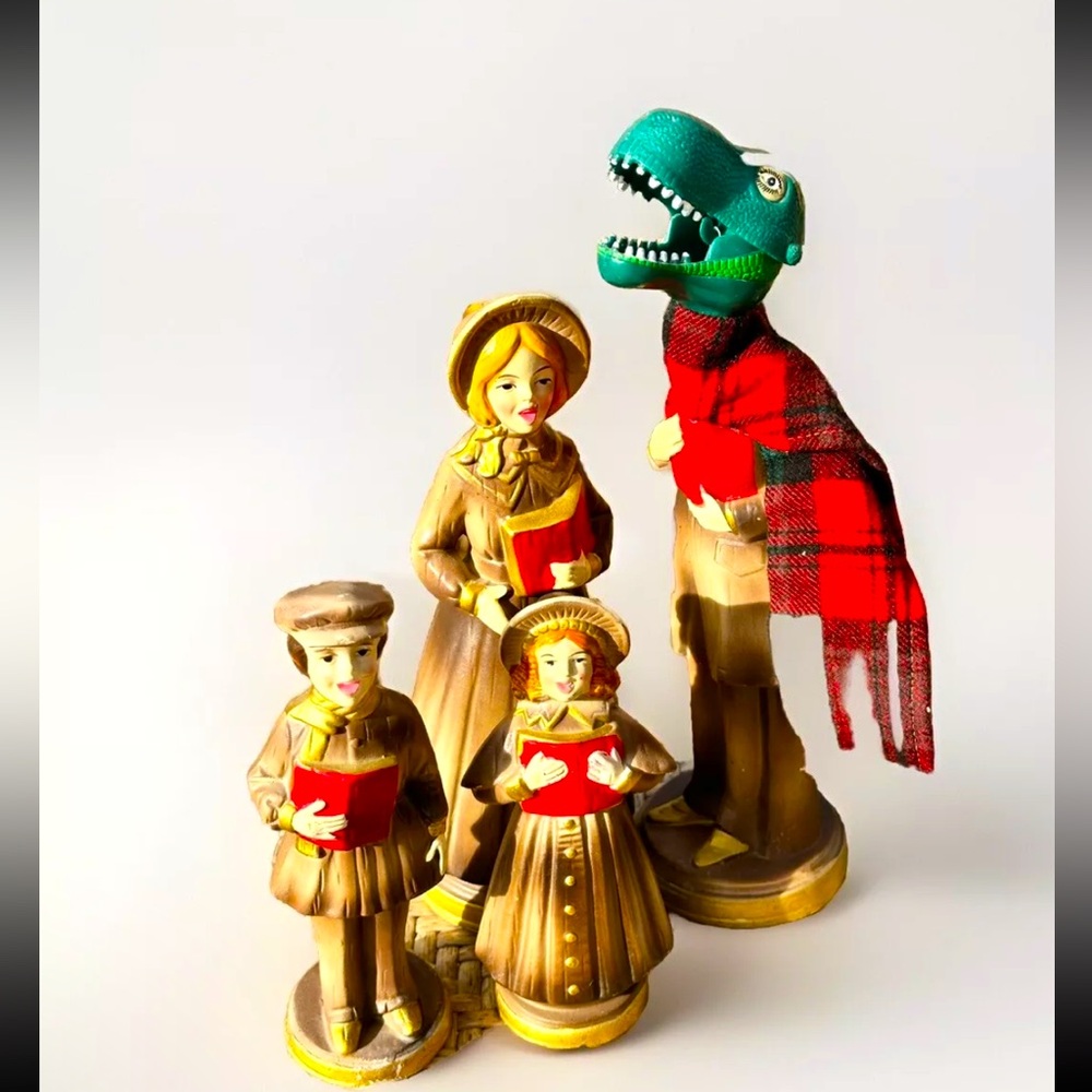 VTG Papier Mache Carolers W DINOSAUR DAD Japan Mid Century UPCYCLED Set Of 4